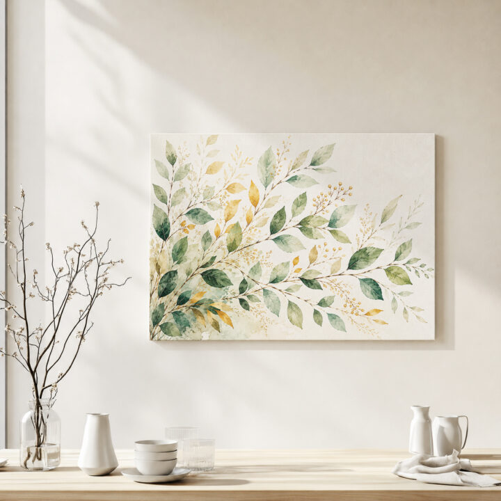 Leinwandbild Eukalyptus in Salbei und Goldtönen