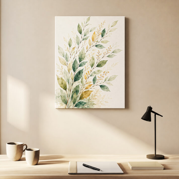 Leinwandbild Blattzweige mit goldfarbenen Beeren