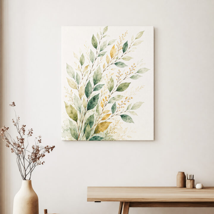 Leinwandbild Blattzweige mit goldfarbenen Beeren
