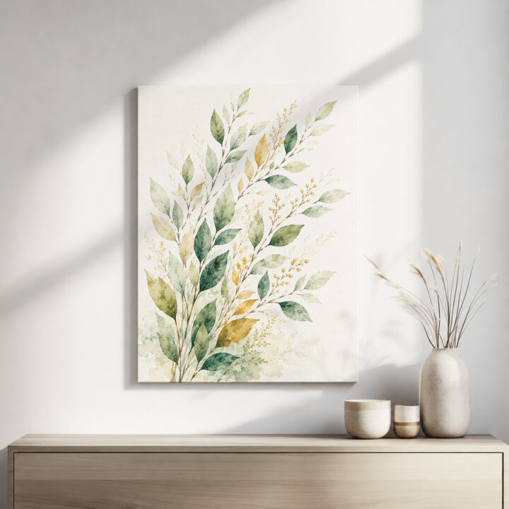 Leinwandbild Blattzweige mit goldfarbenen Beeren