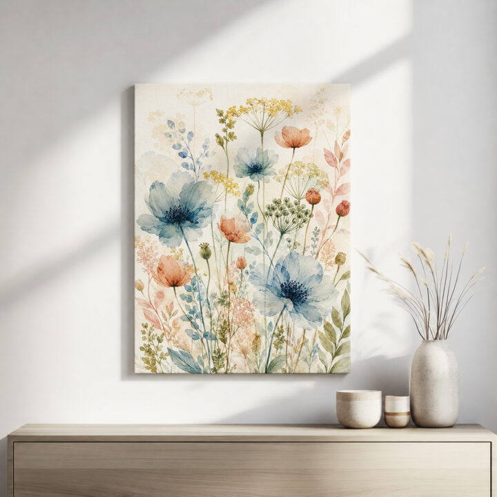Leinwandbild Luftige Wildblumen auf hellem Grund