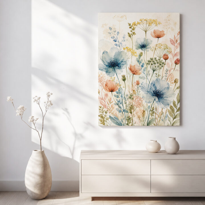 Leinwandbild Luftige Wildblumen auf hellem Grund