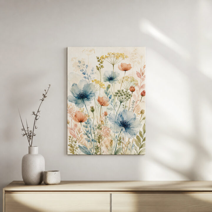 Leinwandbild Luftige Wildblumen auf hellem Grund