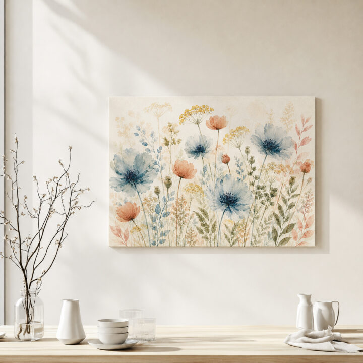 Leinwandbild Wildblumen in Blaugrau und Rosé