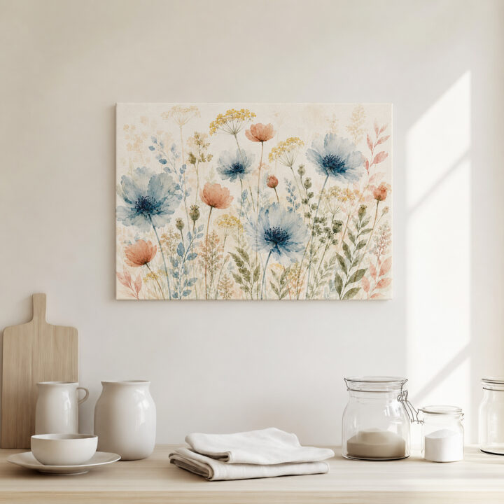 Leinwandbild Wildblumen in Blaugrau und Rosé