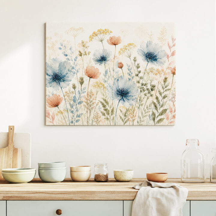 Leinwandbild Wildblumen in Blaugrau und Rosé