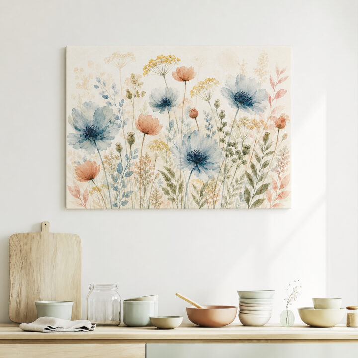 Leinwandbild Wildblumen in Blaugrau und Rosé