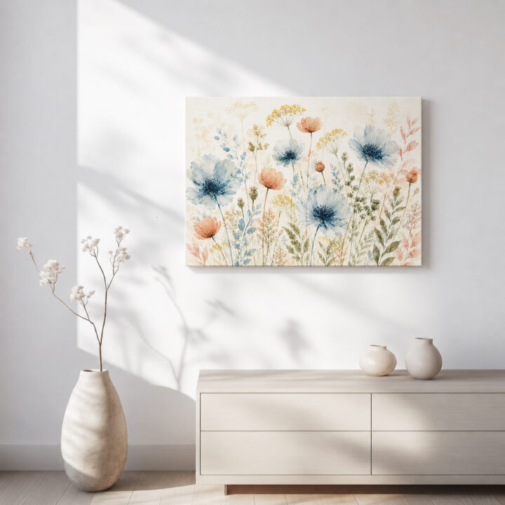 Leinwandbild Wildblumen in Blaugrau und Rosé