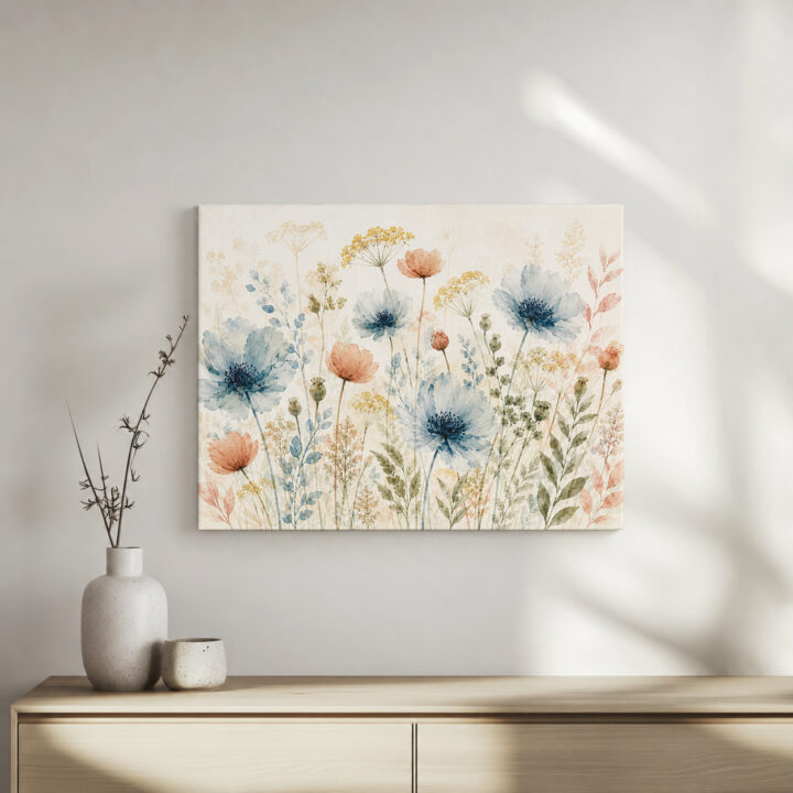 Leinwandbild Wildblumen in Blaugrau und Rosé