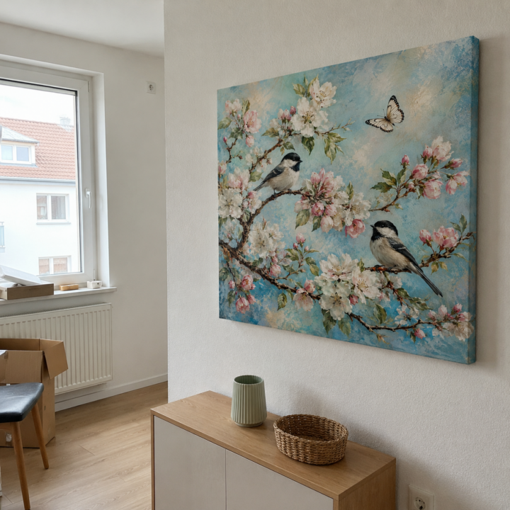Kundenfoto: Leinwandbild Blütenzweige mit Singvögeln