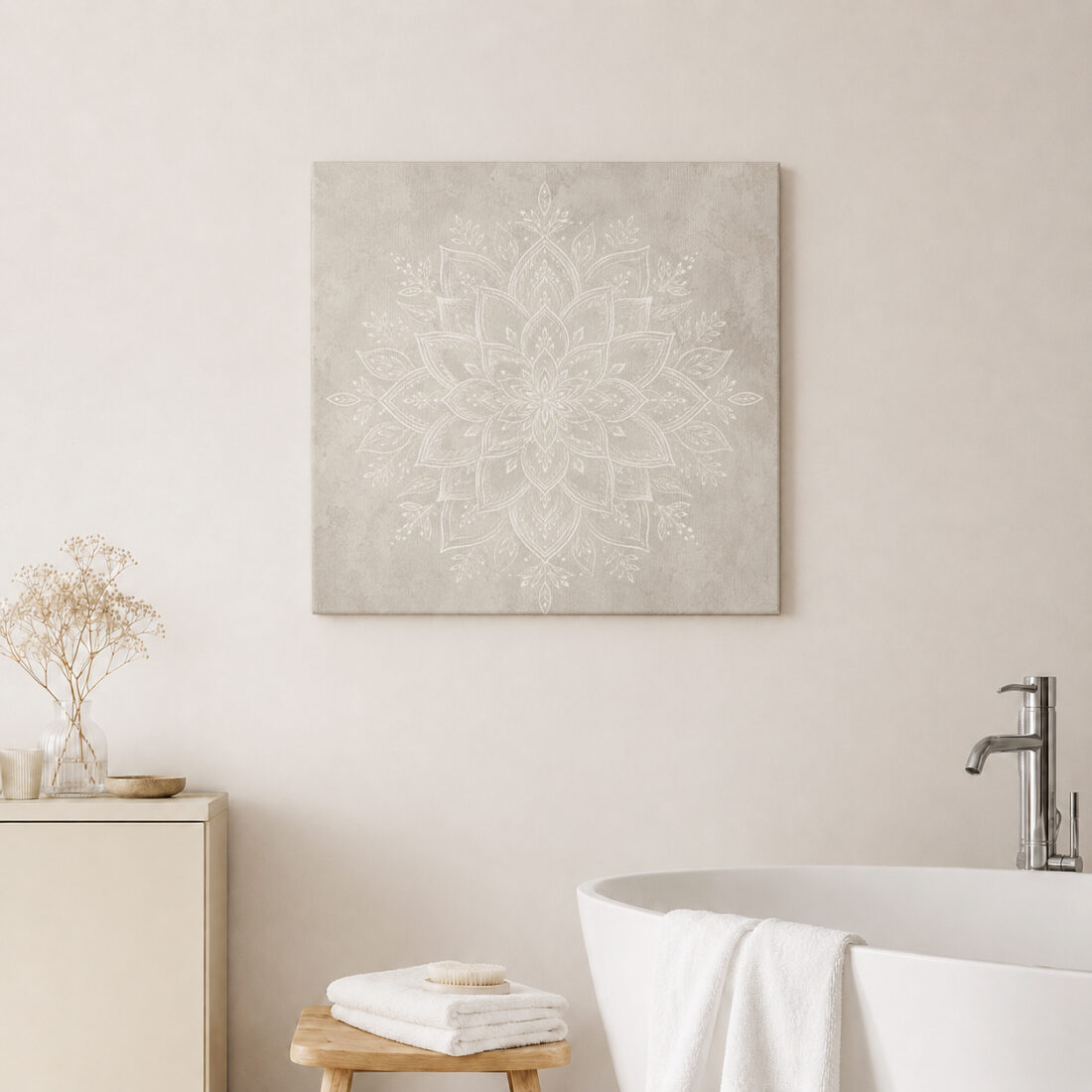 Leinwandbild Weißes Mandala auf warmem Grau