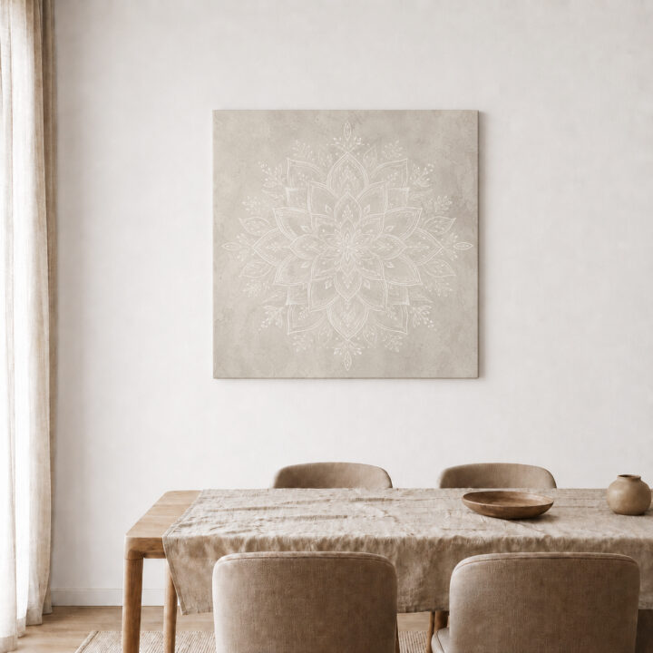 Leinwandbild Weißes Mandala auf warmem Grau