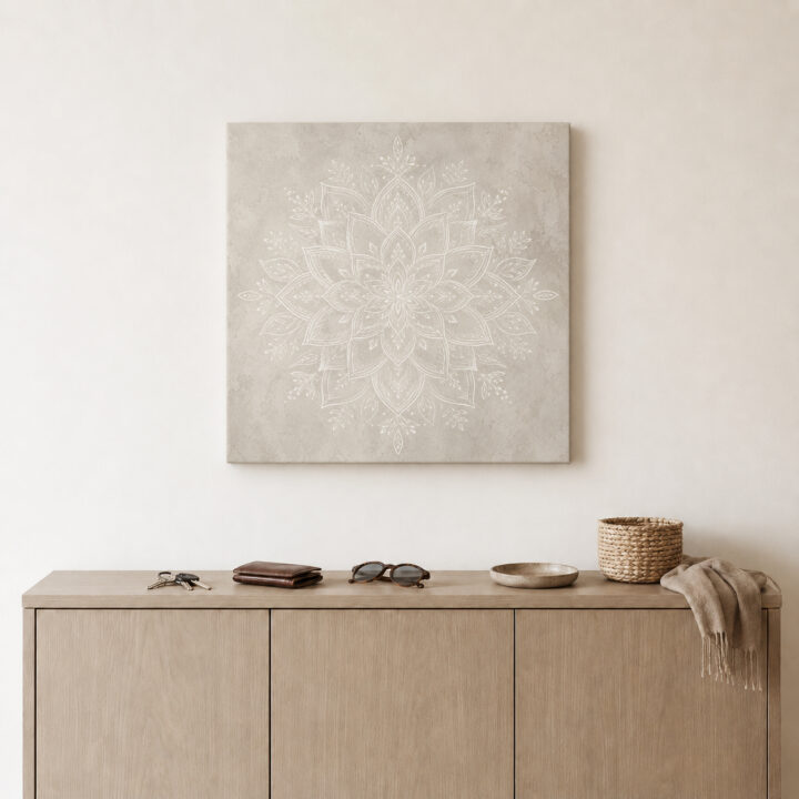Leinwandbild Weißes Mandala auf warmem Grau