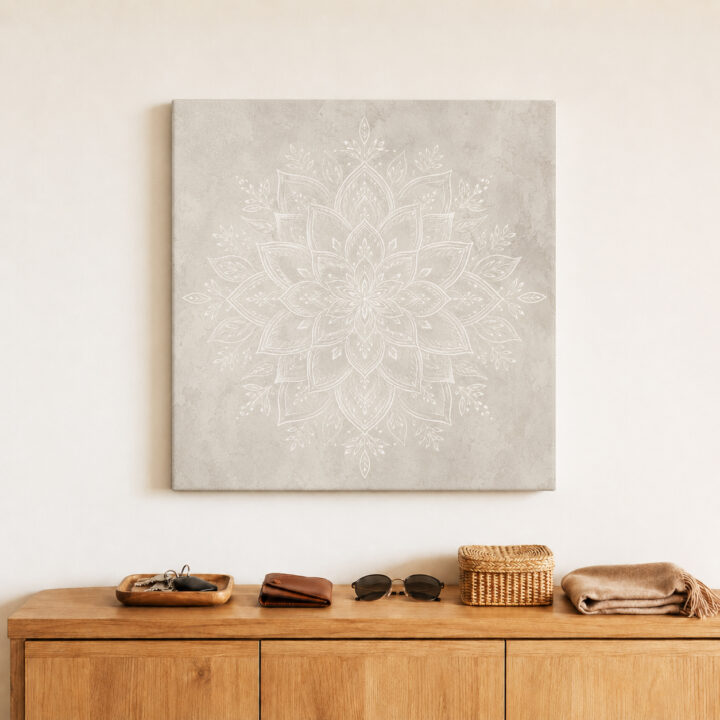 Leinwandbild Weißes Mandala auf warmem Grau