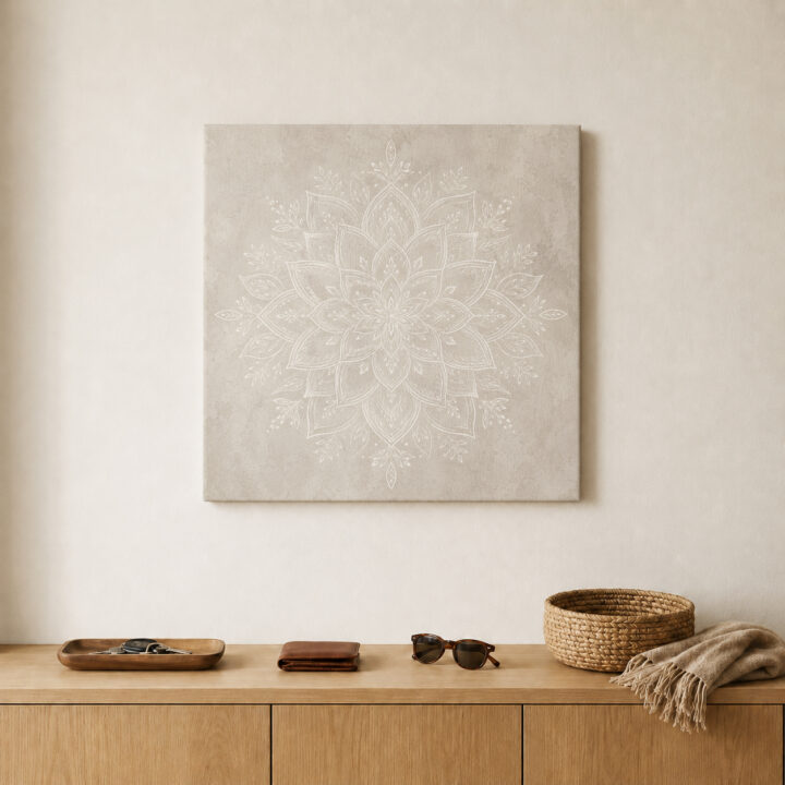 Leinwandbild Weißes Mandala auf warmem Grau