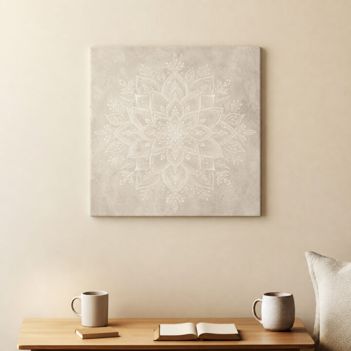 Leinwandbild Weißes Mandala auf warmem Grau