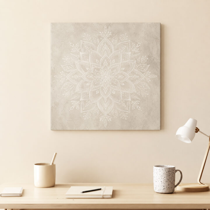 Leinwandbild Weißes Mandala auf warmem Grau