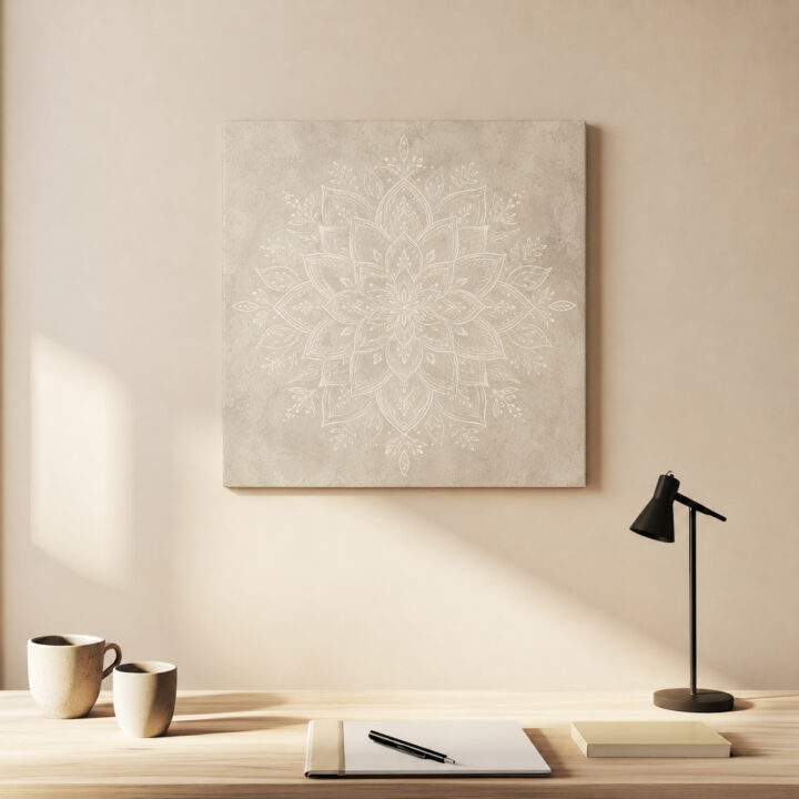 Leinwandbild Weißes Mandala auf warmem Grau