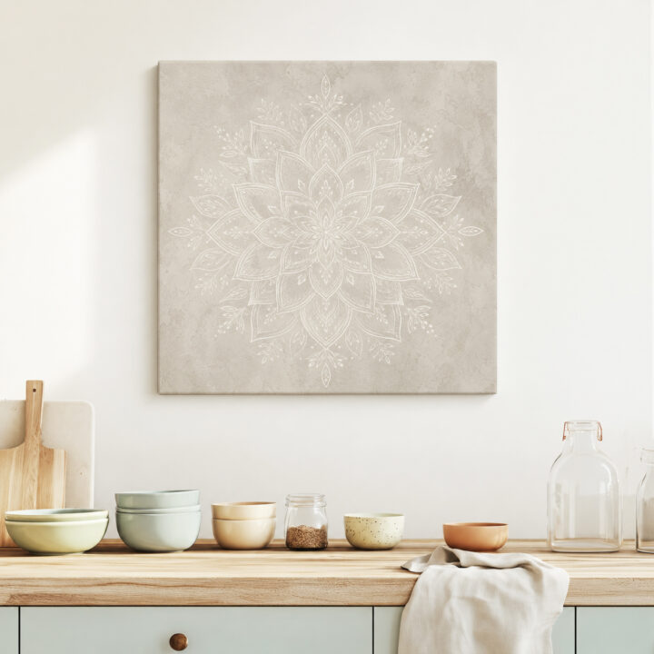 Leinwandbild Weißes Mandala auf warmem Grau