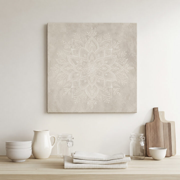 Leinwandbild Weißes Mandala auf warmem Grau