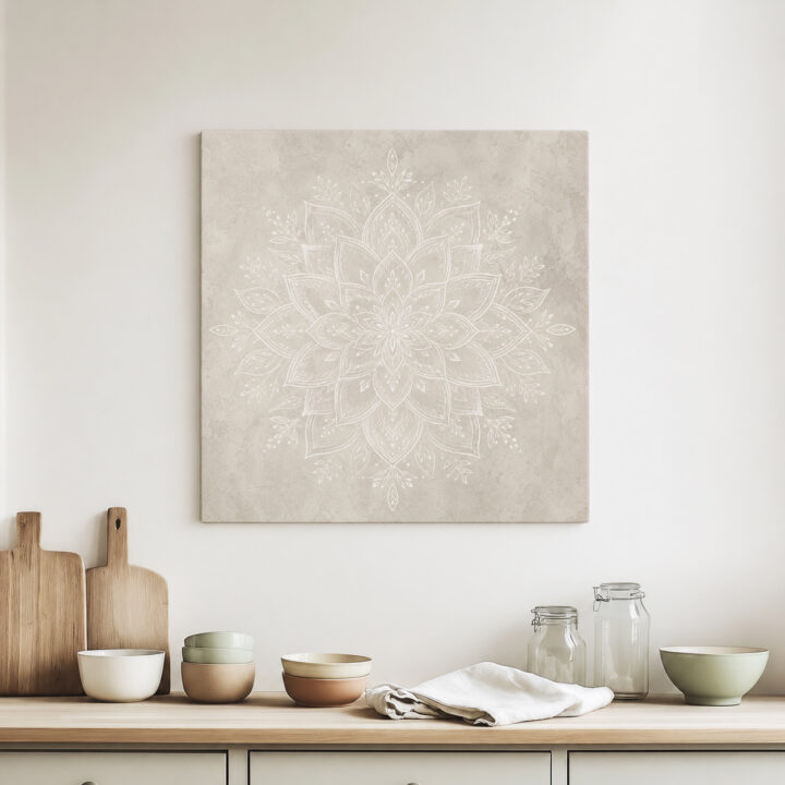 Leinwandbild Weißes Mandala auf warmem Grau