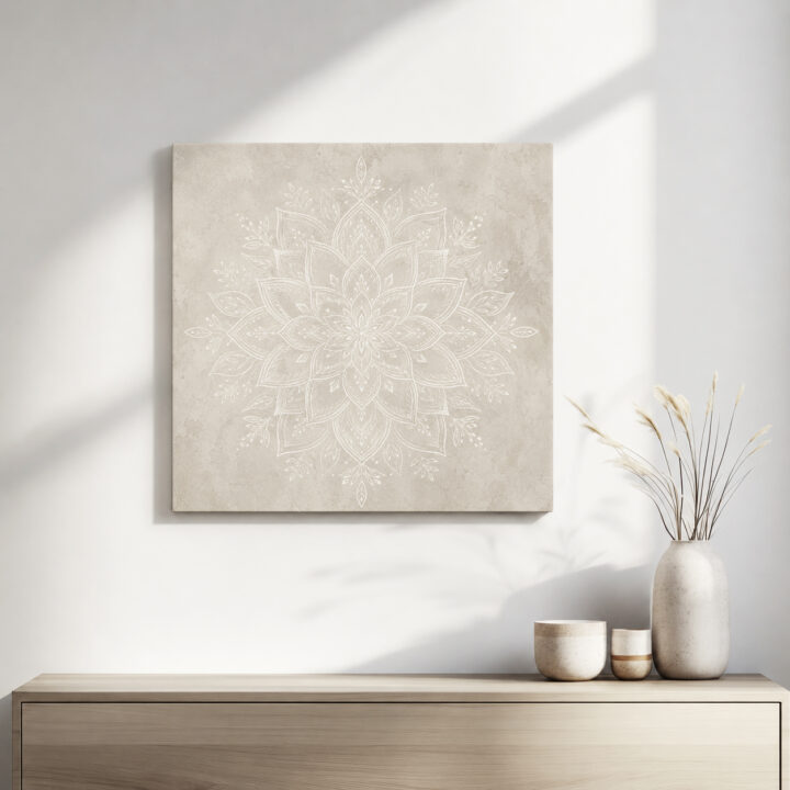 Leinwandbild Weißes Mandala auf warmem Grau