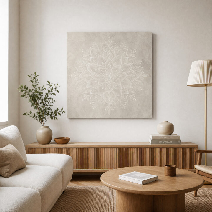 Leinwandbild Weißes Mandala auf warmem Grau