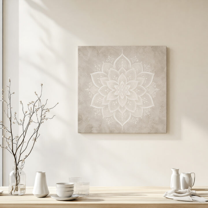 Leinwandbild Weißes Lotus-Mandala auf Greige