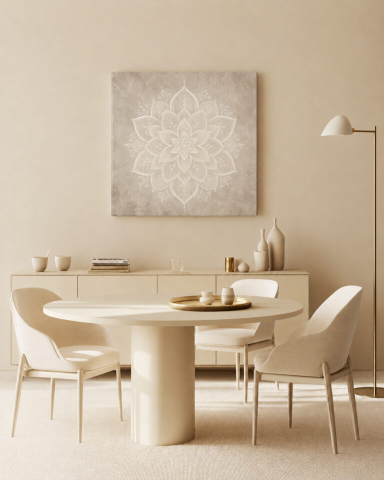 Leinwandbild Weißes Lotus-Mandala auf Greige