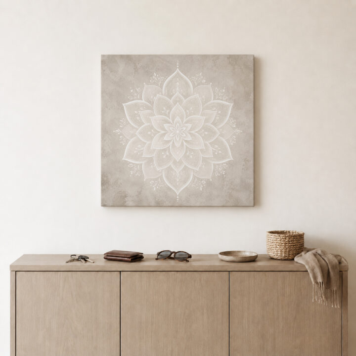 Leinwandbild Weißes Lotus-Mandala auf Greige