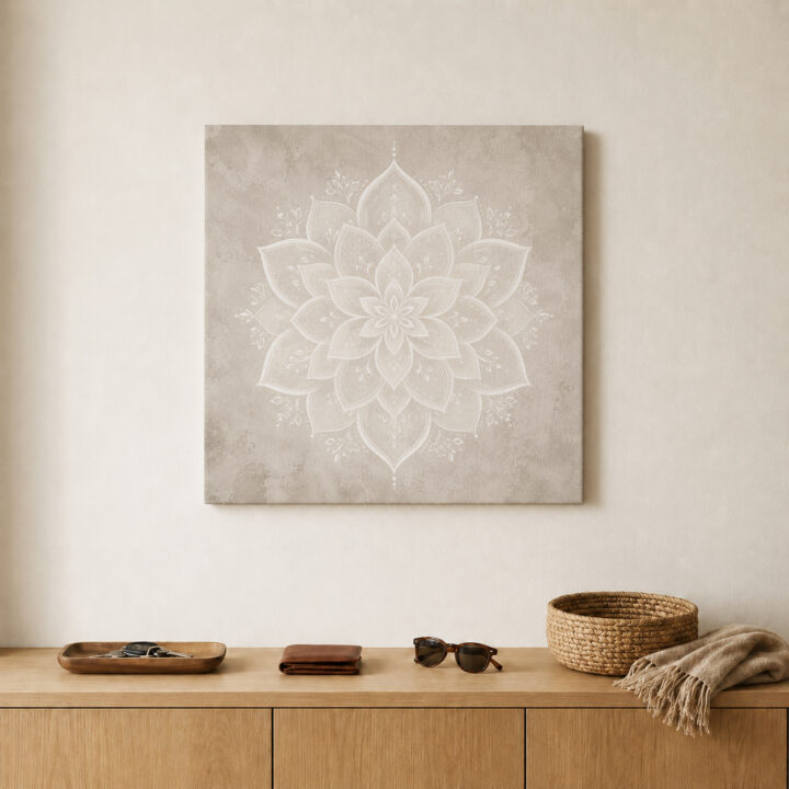 Leinwandbild Weißes Lotus-Mandala auf Greige