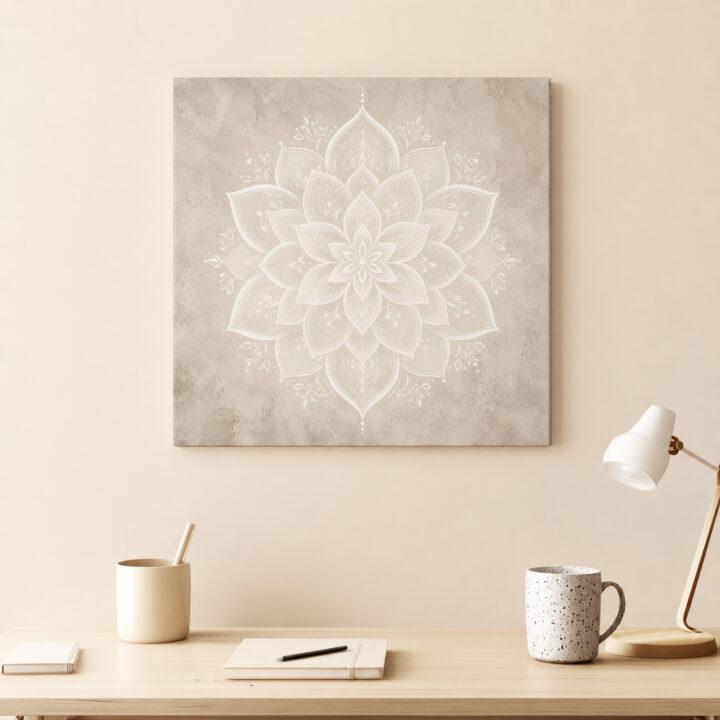 Leinwandbild Weißes Lotus-Mandala auf Greige