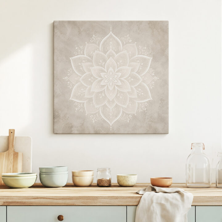 Leinwandbild Weißes Lotus-Mandala auf Greige