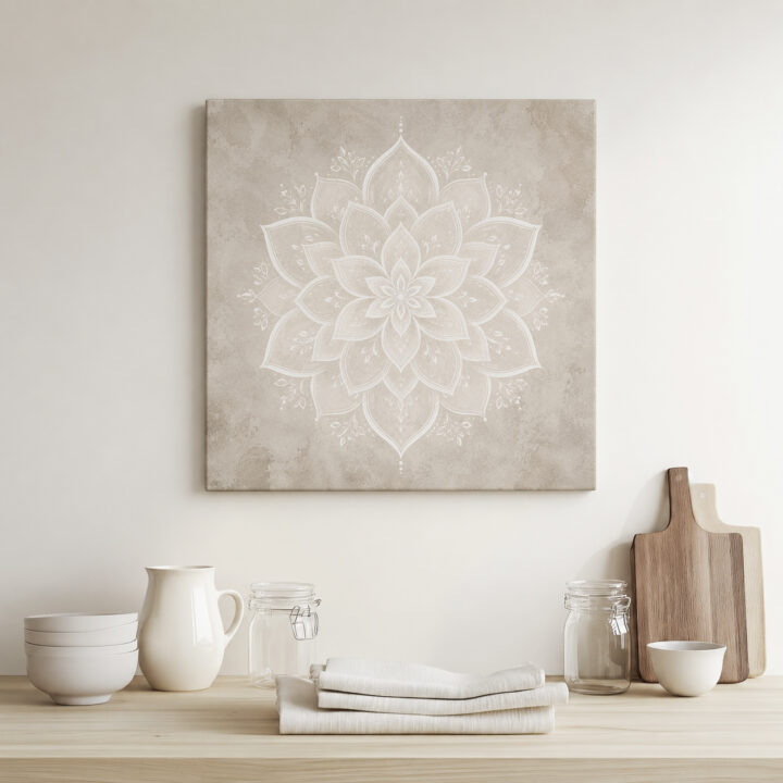 Leinwandbild Weißes Lotus-Mandala auf Greige