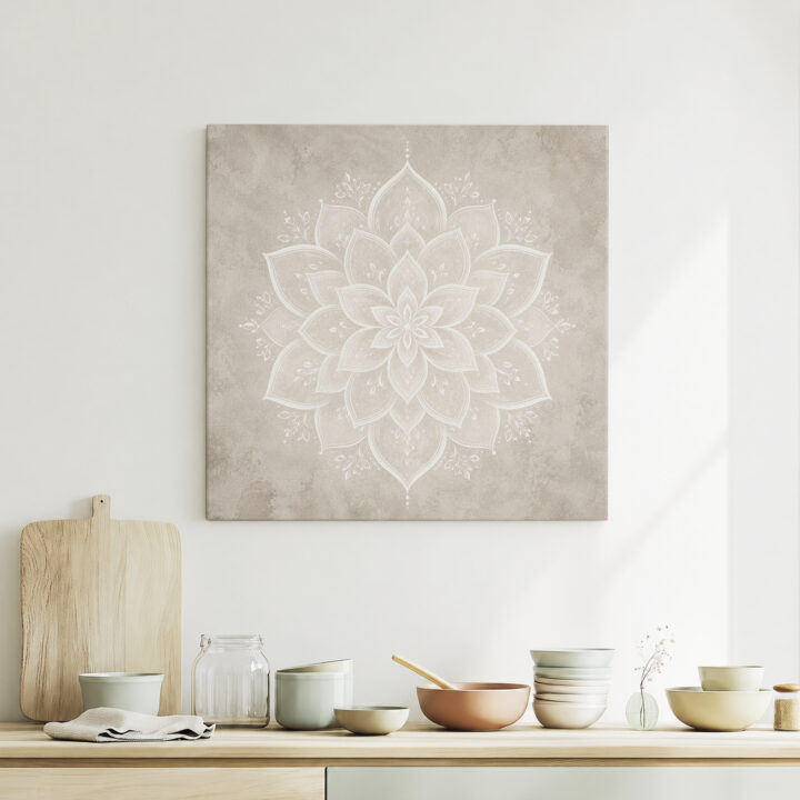 Leinwandbild Weißes Lotus-Mandala auf Greige