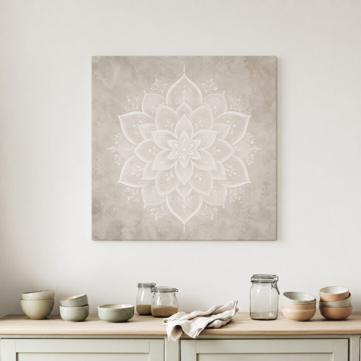 Leinwandbild Weißes Lotus-Mandala auf Greige