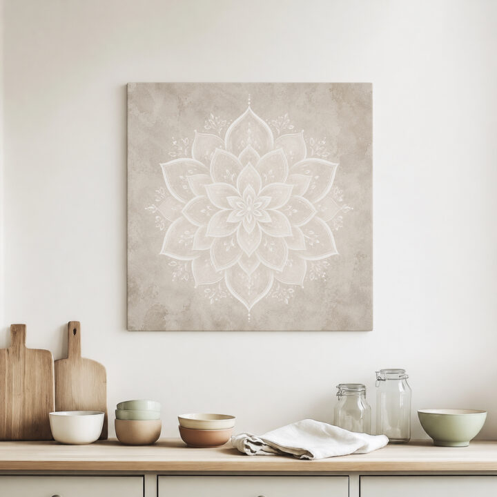 Leinwandbild Weißes Lotus-Mandala auf Greige