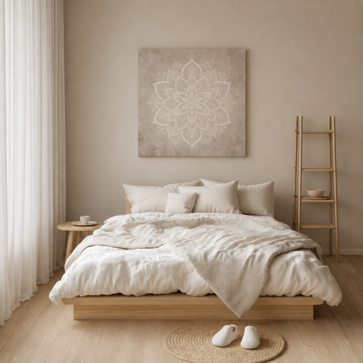 Leinwandbild Weißes Lotus-Mandala auf Greige