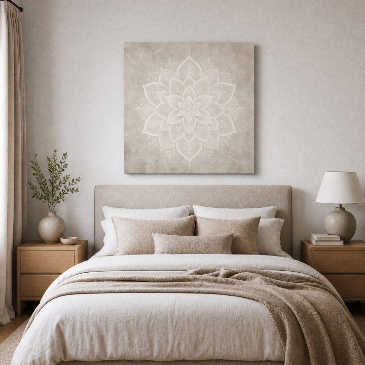 Leinwandbild Weißes Lotus-Mandala auf Greige