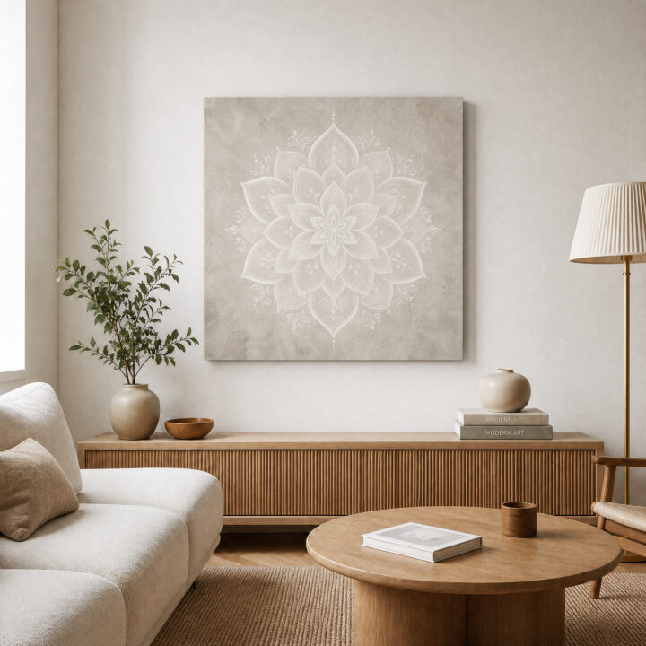 Leinwandbild Weißes Lotus-Mandala auf Greige