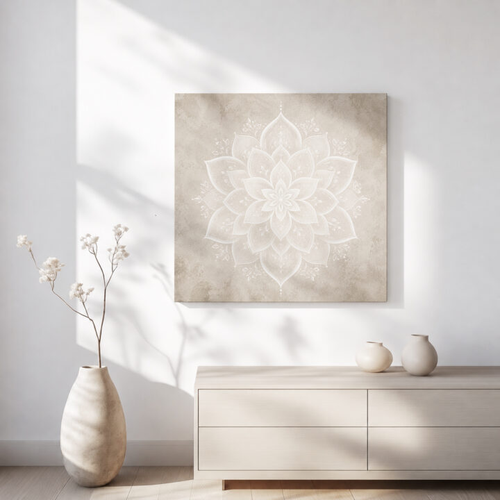 Leinwandbild Weißes Lotus-Mandala auf Greige