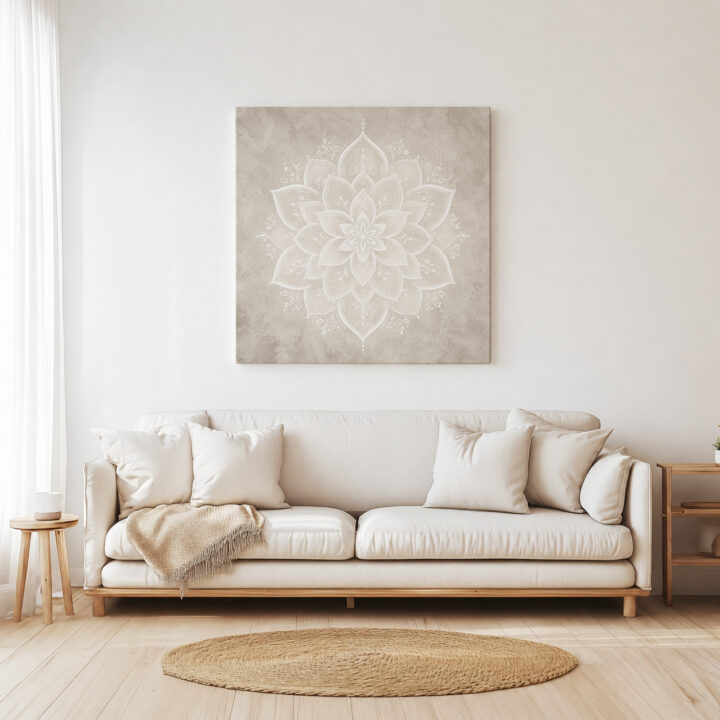 Leinwandbild Weißes Lotus-Mandala auf Greige
