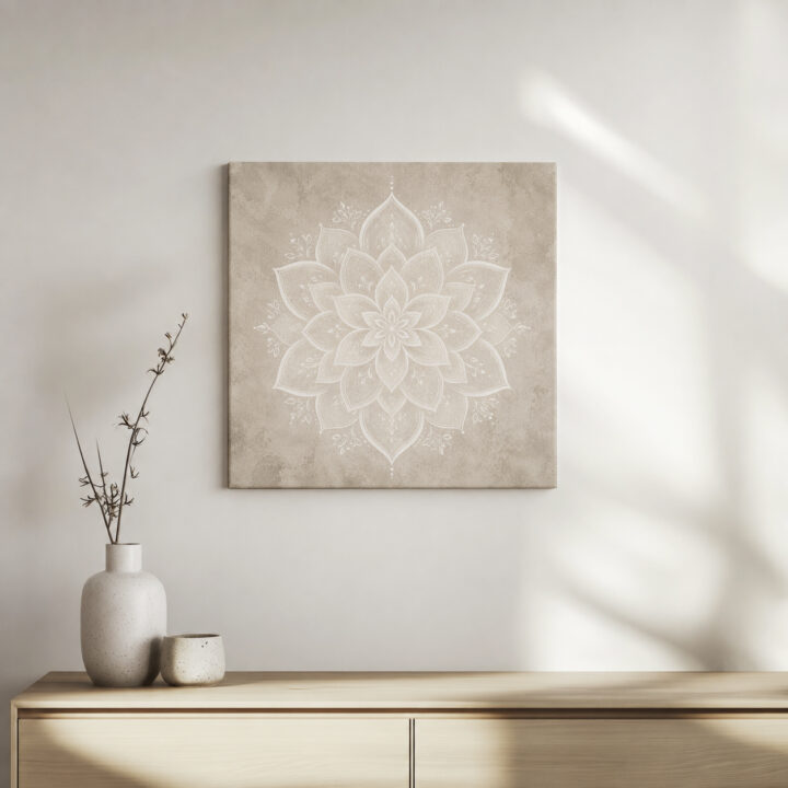Leinwandbild Weißes Lotus-Mandala auf Greige