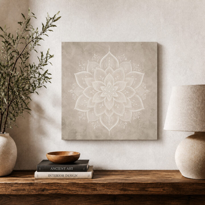 Leinwandbild Weißes Lotus-Mandala auf Greige