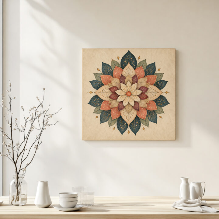 Leinwandbild Blütenmandala in Petrol und Rostrot