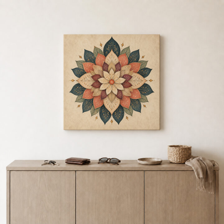 Leinwandbild Blütenmandala in Petrol und Rostrot