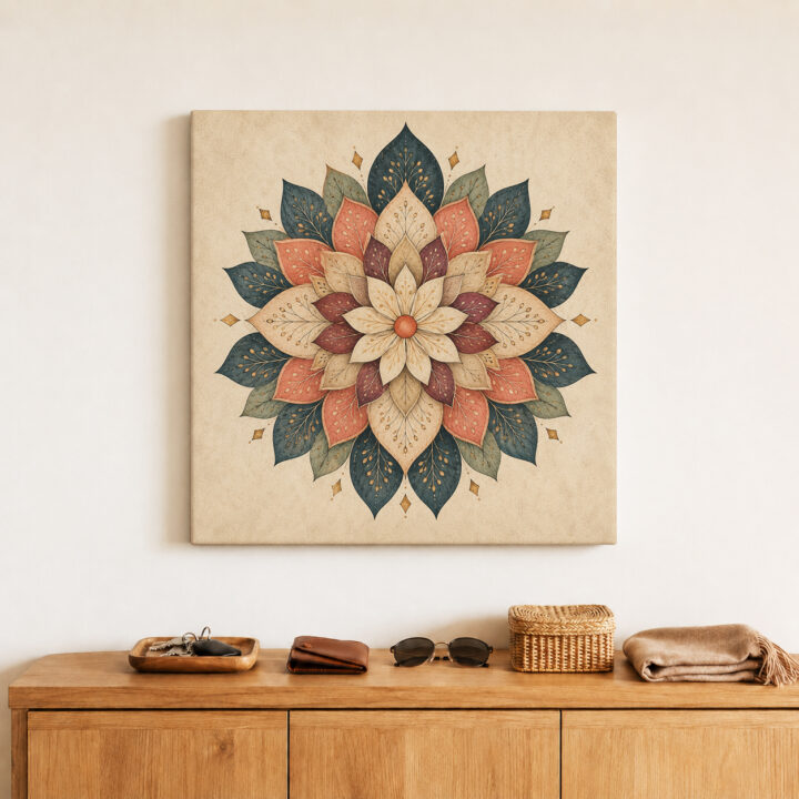 Leinwandbild Blütenmandala in Petrol und Rostrot