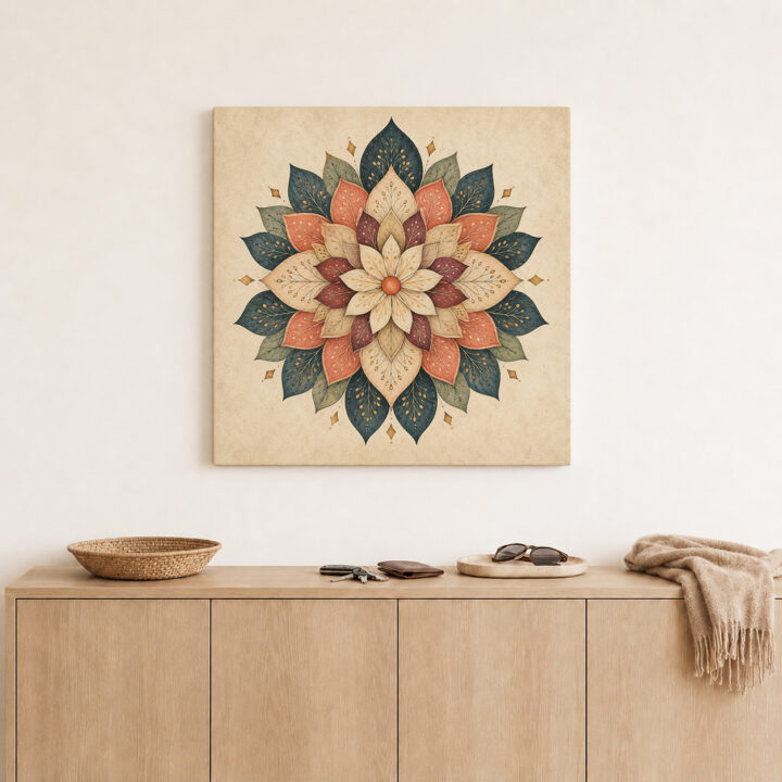 Leinwandbild Blütenmandala in Petrol und Rostrot