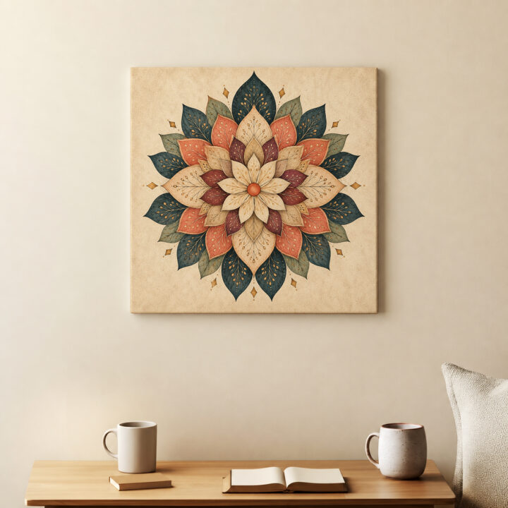 Leinwandbild Blütenmandala in Petrol und Rostrot