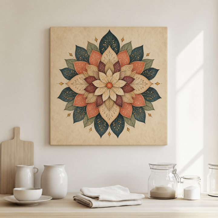 Leinwandbild Blütenmandala in Petrol und Rostrot